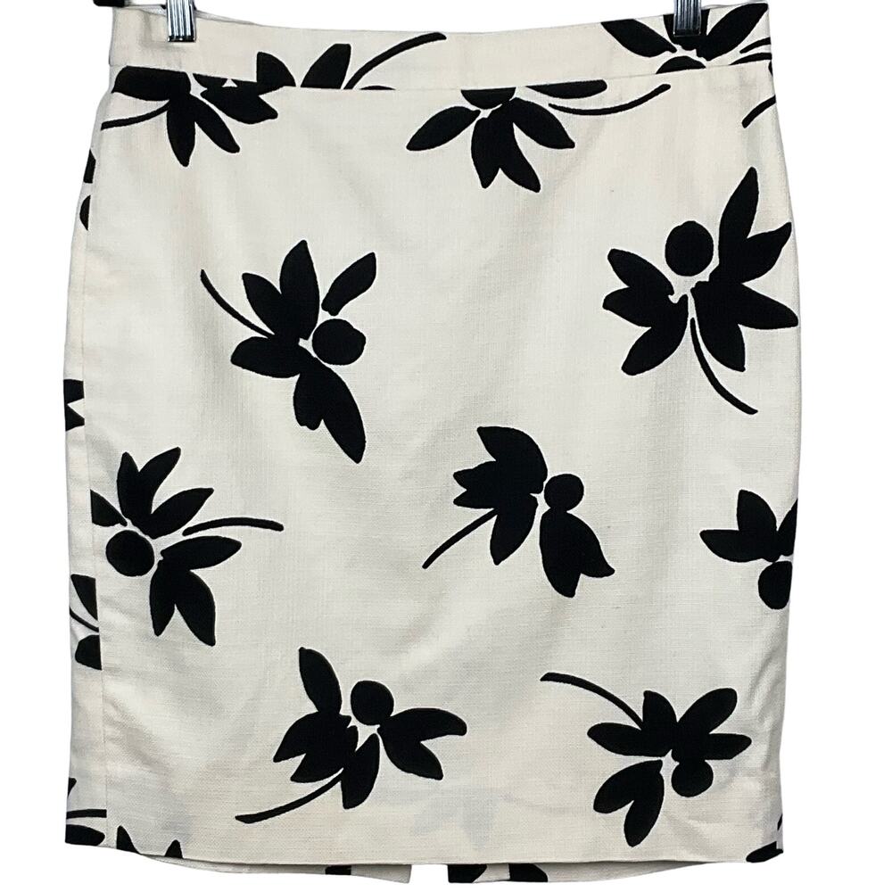 J CREW Pencil Skirt Floral Print sz 8 White Black Poppy Art Woven Preppy Modern - Picture 2 of 11